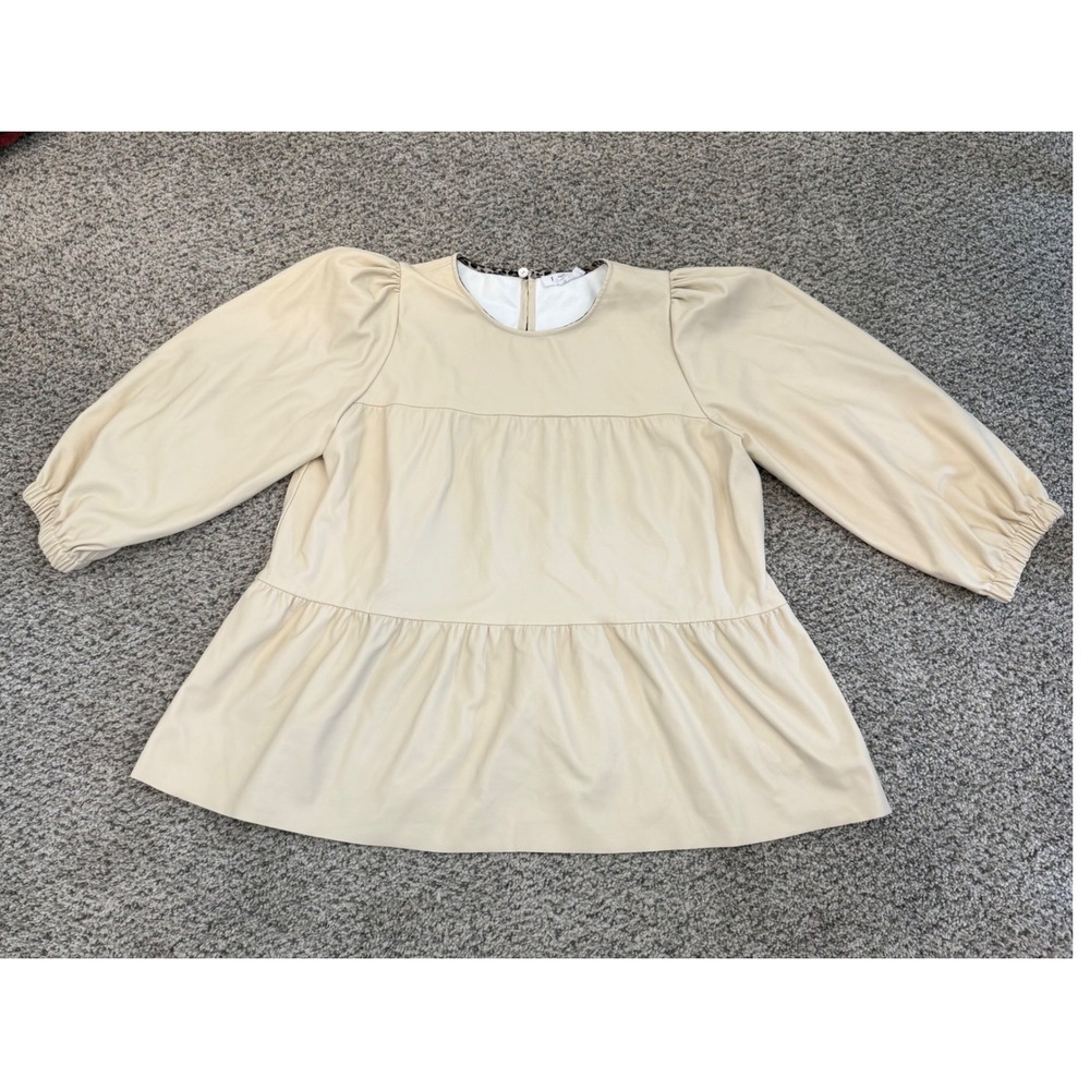 THML‎ Womens Cream Faux Leather Tiered Puff Sleeve Babydoll Top THS0985-1-CR L